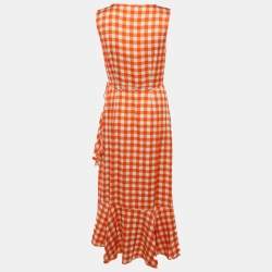 Pre Owned Diane Von Furstenberg Orange Checkered Print Silk Asymmetric Ruffle Detail Dress L