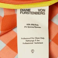 Pre Owned Diane Von Furstenberg Orange Checkered Print Silk Asymmetric Ruffle Detail Dress L