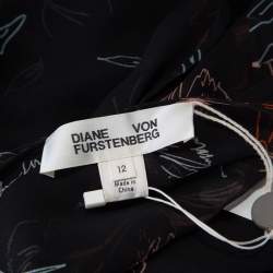 Pre Owned Diane Von Furstenberg Black Fenelon Print Silk Wrap Top L