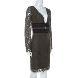 Pre Owned Diane Von Furstenberg Olive Green V-Neck Viera Lace Dress L