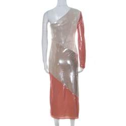 Pre Owned Diane von Furstenberg Pink and Ivory Sequinned One Shoulder Dress S