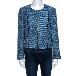Pre Owned Diane Von Furstenberg Blue Lurex Jacquard Knit Rylan Jacket L
