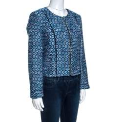 Pre Owned Diane Von Furstenberg Blue Lurex Jacquard Knit Rylan Jacket L