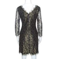 Pre Owned Diane Von Furstenberg Black & Gold Lace Zarita Shift Dress L 