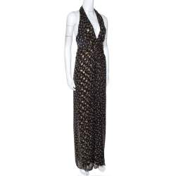 Pre Owned Diane Von Furstenberg Black Lurex Printed Silk Evelina Dress XS