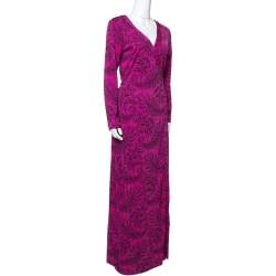 Pre Owned Diane Von Furstenberg Pink Silk Jersey New Julian Long Banded Wrap Dress M