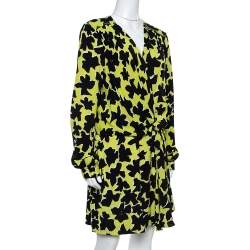 Pre Owned Diane Von Furstenberg Green/Black Silk Crepe Print Dora Lily Midi Dress L