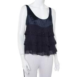 Pre Owned Diane von Furstenberg Navy Blue Silk  Sequin Embellished Tiered Sleeveless Latiera Top M