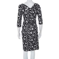 Pre Owned Diane Von Furstenberg  Monochrome Abstract Printed Knit Ruched Bentley Dress M
