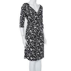 Pre Owned Diane Von Furstenberg  Monochrome Abstract Printed Knit Ruched Bentley Dress M