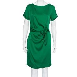 Pre Owned Diane Von Furstenberg Green Silk Satin Draped Faux Wrap Leron Dress L