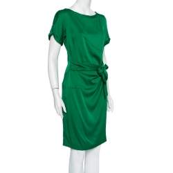 Pre Owned Diane Von Furstenberg Green Silk Satin Draped Faux Wrap Leron Dress L
