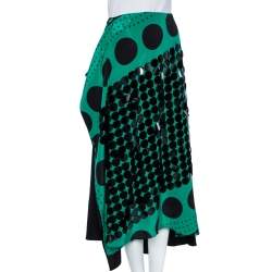 Pre Owned Diane von Furstenberg Black & Green Printed Sequined Silk Draped Skirt S