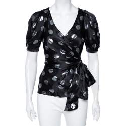 Pre Owned Diane Von Furstenberg Black Silk & Lurex Polka Dotted Larryn Blouse S