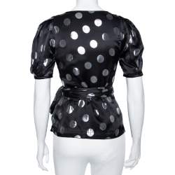 Pre Owned Diane Von Furstenberg Black Silk & Lurex Polka Dotted Larryn Blouse S