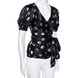 Pre Owned Diane Von Furstenberg Black Silk & Lurex Polka Dotted Larryn Blouse S