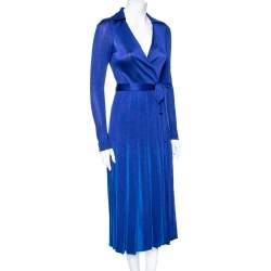 Pre Owned Diane von Furstenberg Blue Jersey Pleated Stevie Wrap Dress S
