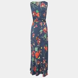 Pre Owned Diane Von Furstenberg Blue Floral Printed Silk Wrap Dress L