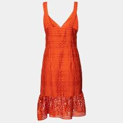 Pre Owned Diane von Furstenberg Orange Lace Flounce Tiana Sleeveless Dress M