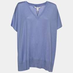 Pre Owned Diane Von Furstenberg Blue Silk & Cashmere V-Neck Knit Top L
