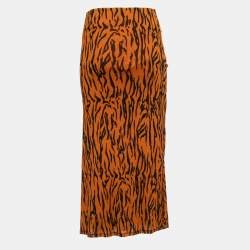 Pre Owned Diane Von Furstenberg Orange Printed Jersey Caspian Tigress Midi Skirt M