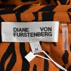 Pre Owned Diane Von Furstenberg Orange Printed Jersey Caspian Tigress Midi Skirt M