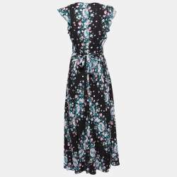 Pre Owned Diane Von Furstenberg Black Floral Printed Crepe Midi Dress M