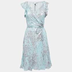 Pre Owned Diane Von Furstenberg Grey/blue Leopard Rain Spots Printed Silk Delancey Short Wrap Dress S