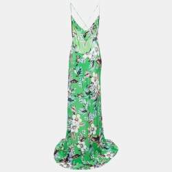 Pre Owned Diane Von Furstenberg Green Floral Printed Silk Cowl Neck Maxi Dress XL
