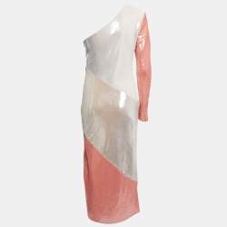 Pre Owned Diane Von Furstenberg White/Pink Sequined One Shoulder Midi Dress M