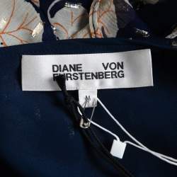 Pre Owned Diane Von Furstenberg Navy Blue Leaf Printed Silk Ruffled Sleeveless Top M