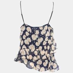 Pre Owned Diane Von Furstenberg Navy Blue Leaf Printed Silk Ruffled Sleeveless Top M