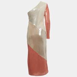 Pre Owned Diane Von Furstenberg Off-White/Orange Sequined One Shoulder Dress M