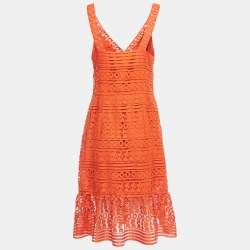 Pre Owned Diane Von Furstenberg Orange Guipure Lace Tiana Sleeveless Dress M