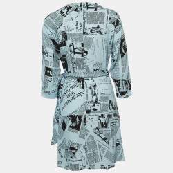 Pre Owned Diane Von Furstenberg Blue Newspaper Crepe Printed Wrap Dress S