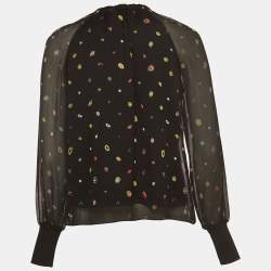 Pre Owned Diane Von Furstenberg Black Polka Dot Print Silk Chiffon Long Sleeve Blouse S