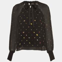 Pre Owned Diane Von Furstenberg Black Polka Dot Print Silk Chiffon Long Sleeve Blouse S