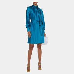 Pre Owned Diane Von Furstenberg Blue Satin Veda Belted Dress M