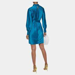 Pre Owned Diane Von Furstenberg Blue Satin Veda Belted Dress M