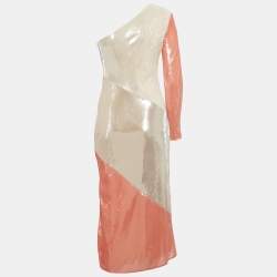 Diane Von Furstenberg Cream Sequin and Silk One Shoulder Bias Midi Dress S