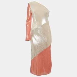 Diane Von Furstenberg Cream Sequin and Silk One Shoulder Bias Midi Dress S