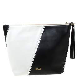 Pre Owned Diane von Furstenberg White/Black Leather Wristlet Clutch