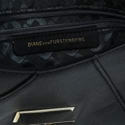 Pre Owned Diane von Furstenberg Black Leather Turnlock Folio Fringe Clutch