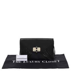 Pre Owned Diane von Furstenberg Black Leather Turnlock Folio Fringe Clutch