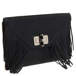 Pre Owned Diane von Furstenberg Black Leather Turnlock Folio Fringe Clutch
