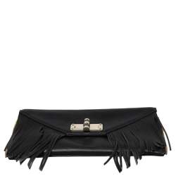 Pre Owned Diane von Furstenberg Black Leather Turnlock Folio Fringe Clutch