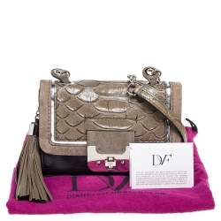 Pre Owned Diane von Furstenberg Black/Olive Green Suede and Python Embossed Leather Shoulder Bag