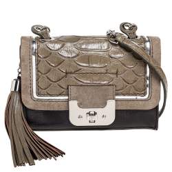 Pre Owned Diane von Furstenberg Black/Olive Green Suede and Python Embossed Leather Shoulder Bag