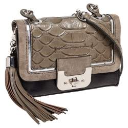 Pre Owned Diane von Furstenberg Black/Olive Green Suede and Python Embossed Leather Shoulder Bag