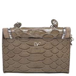 Pre Owned Diane von Furstenberg Black/Olive Green Suede and Python Embossed Leather Shoulder Bag